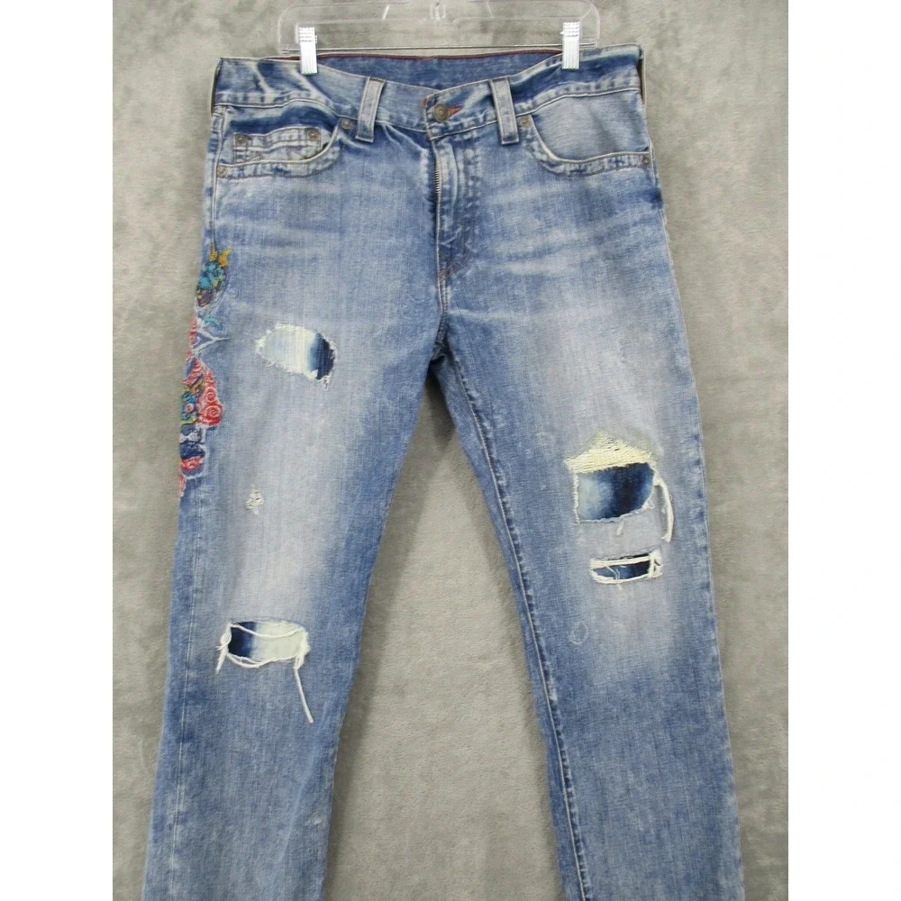 True Religion Jeans Mens 36 Geno Ojai Escape Dragon Embroidered Distressed‎ Blue